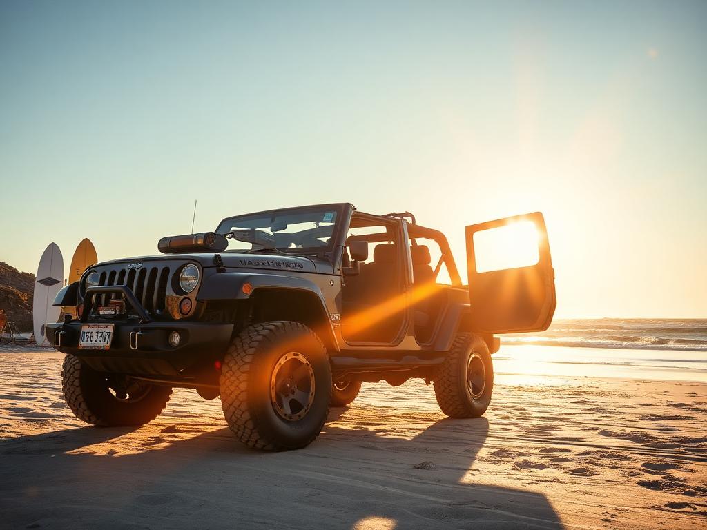 Jeep Wrangler with doors removed parked at the beach